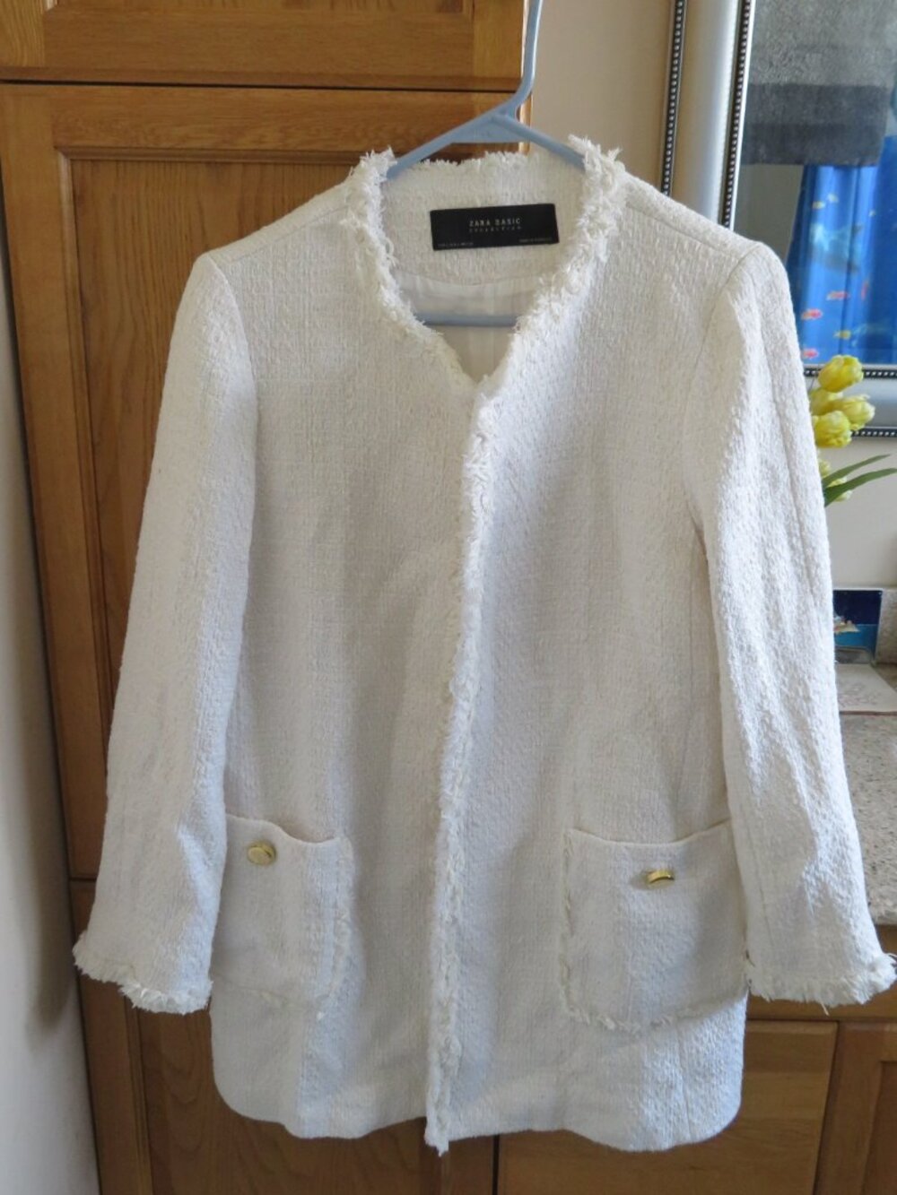 Zara White Boucle Open Front Jacket Fringe Trim Lined (K806)